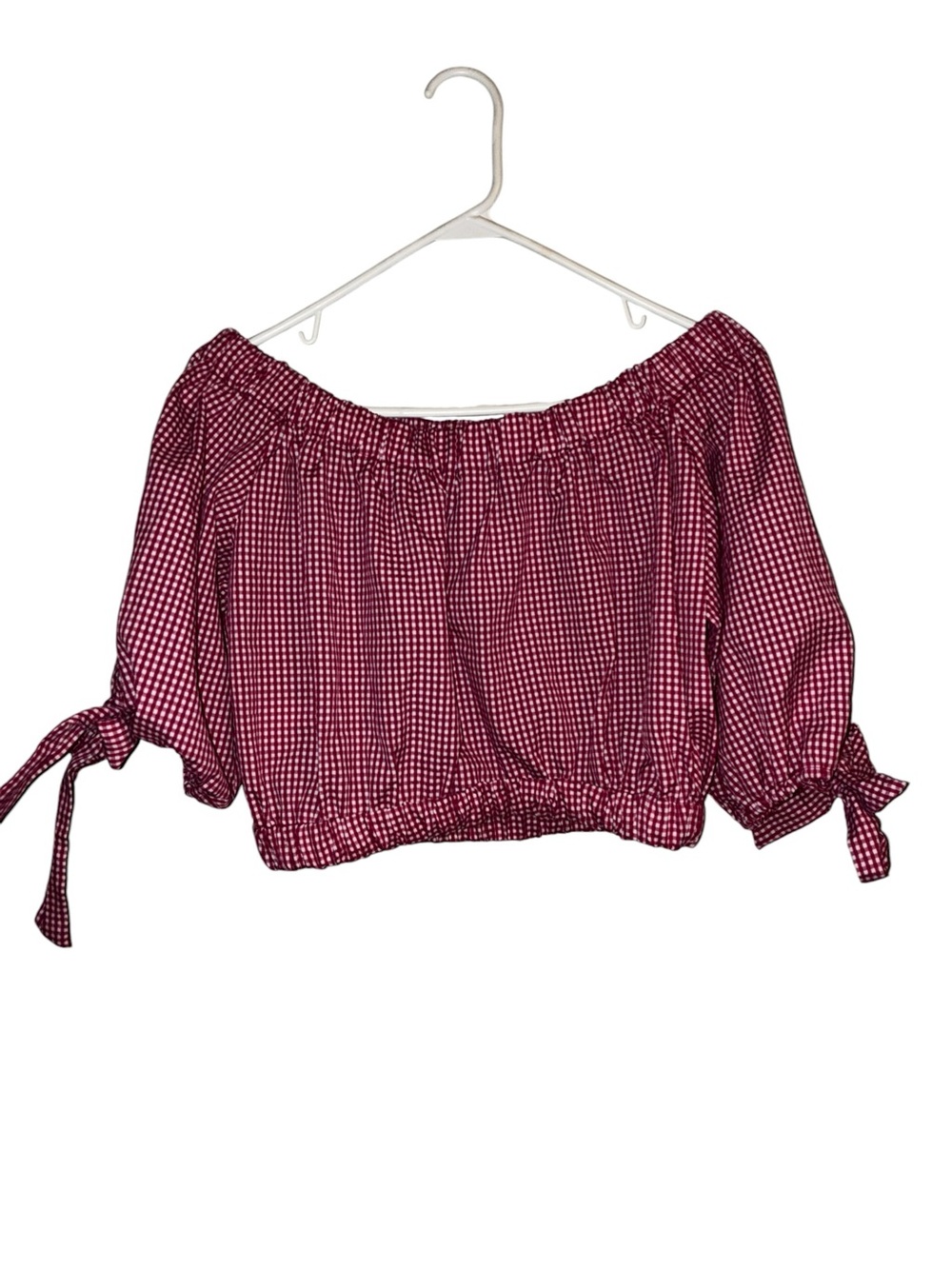 Gingham Off-Shoulder Burgundy Crop Top with Tie Sleeves concert shirt